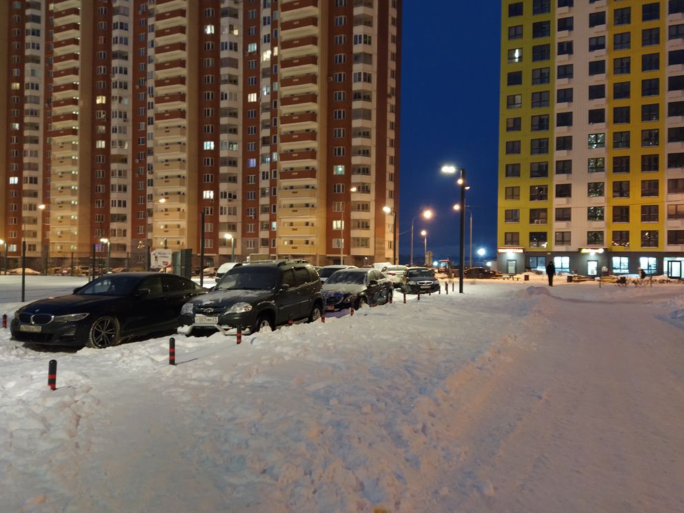 зима, фонари, машина, дом, парковка